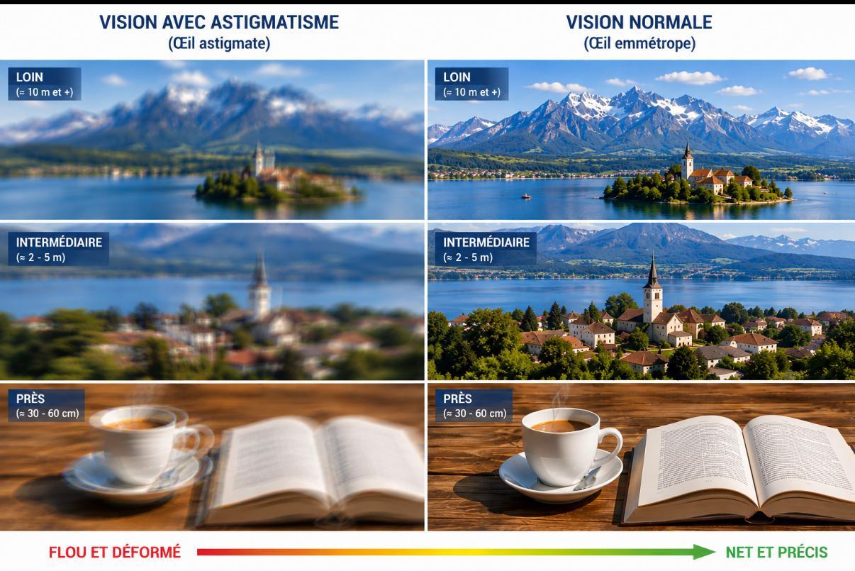 Comparaison de la vision d’un œil astigmate et d’une vision normale, de loin, en vision intermédiaire et de près