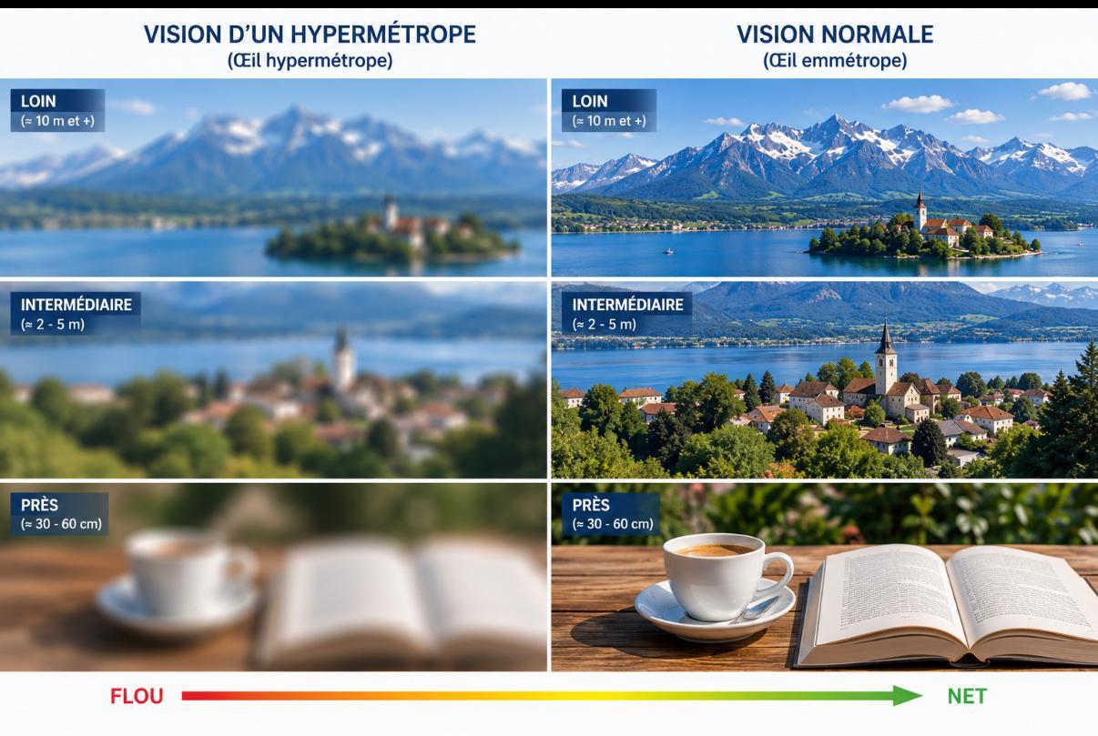 Comparaison de la vision d’un hypermétrope et d’une vision normale, de loin, en vision intermédiaire et de près