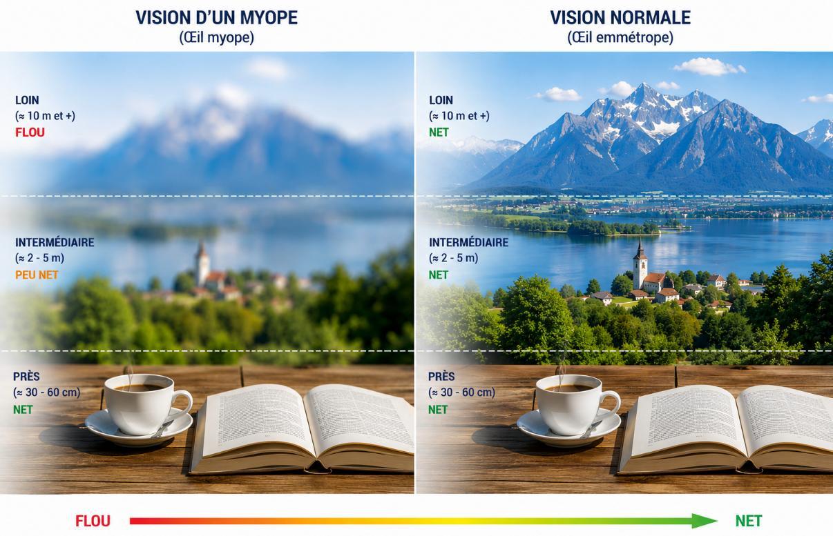 Comparaison de la vision d’un myope et d’une vision normale, de loin, en vision intermédiaire et de près